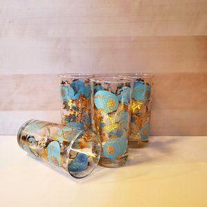 Set of 4 Vtg Dominion MCM Highball Tumbler Asian Turquoise Gold Drinking Glasses